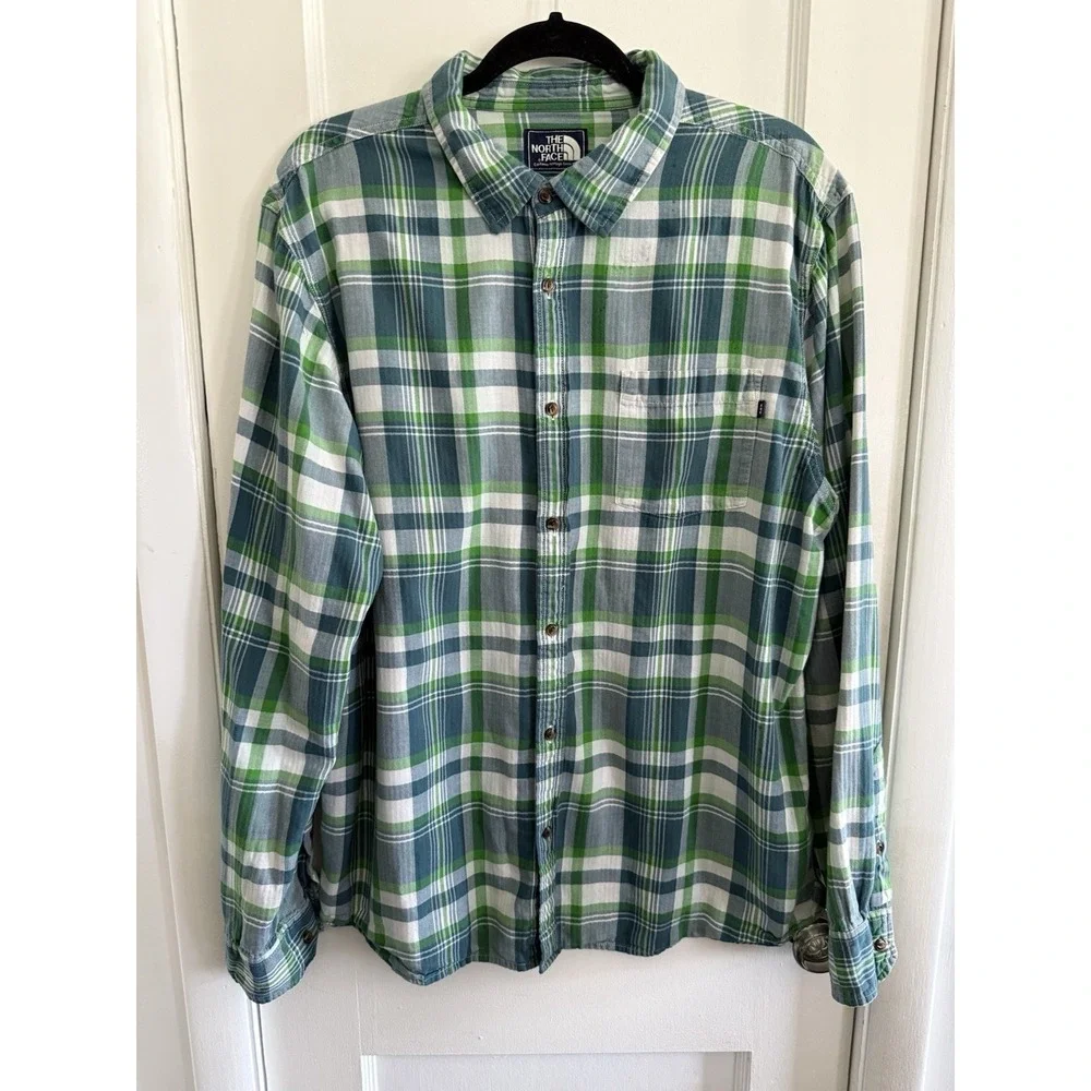 The North Face Button Down Long Sleeve Shirt Men Size XL Green Plaid Hiking